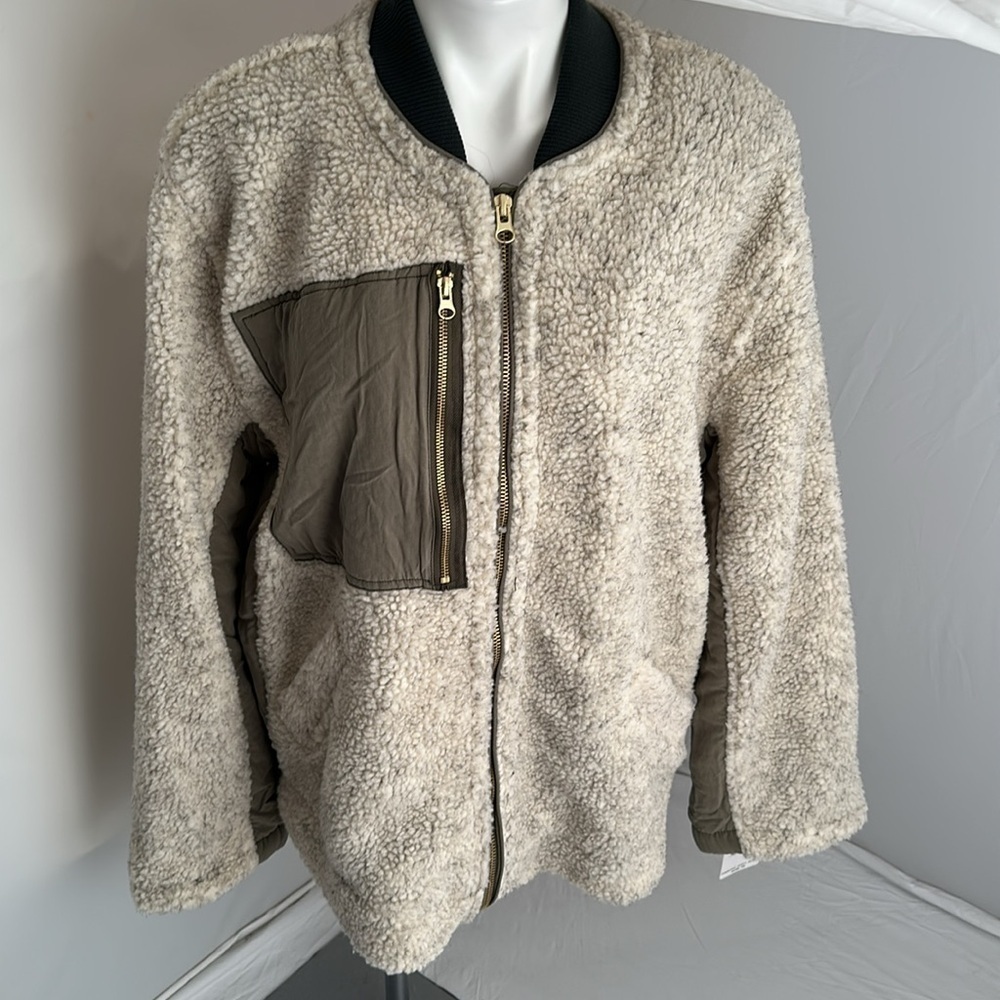 Free People Rivington Sherpa olive and ivory full zip jacket